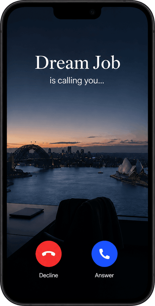 A phone showing an incoming call. The caller is named Dream Job, and beneath it the screen reads: is calling you. Behind the call, a photograph of Sydney Harbour at dusk with the Harbour Bridge and the Opera House lit against the last of the light.